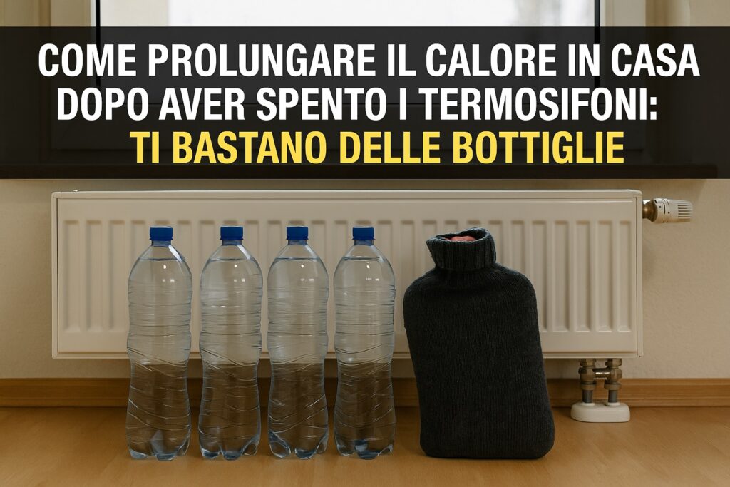 Bottiglie d’acqua e una borsa dell’acqua calda coperta in lana posizionate davanti a un termosifone spento per trattenere il calore in casa