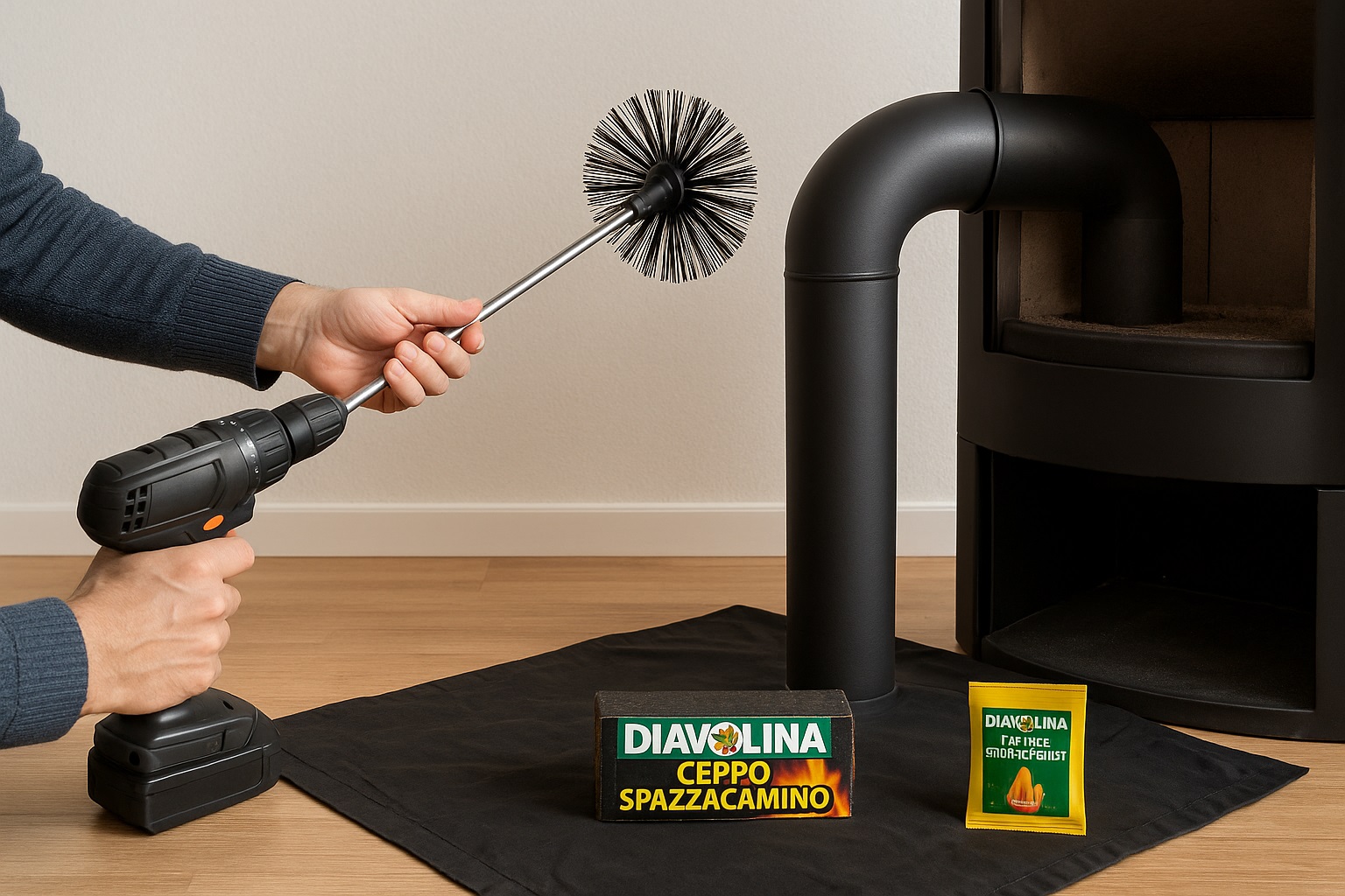 Pulizia della canna fumaria dal basso con spazzola e trapano: metodo fai da te semplice e sicuro per stufe e camini