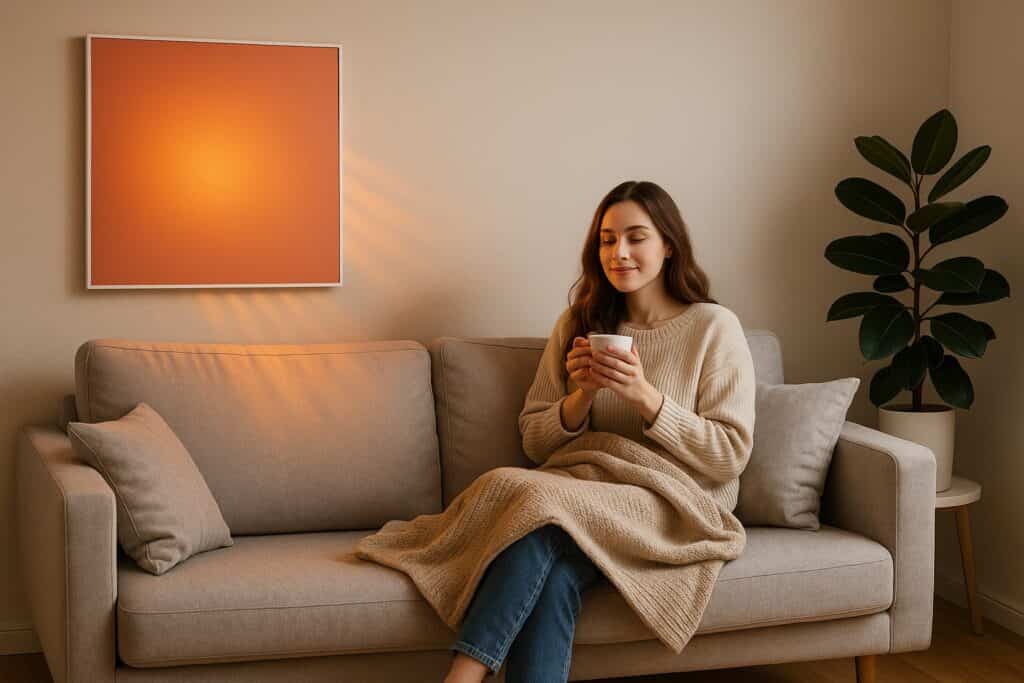 Donna seduta su un divano riscaldata da un pannello a infrarossi a parete, moderno e sottile, acceso e in funzione, con luce calda su parete e pavimento