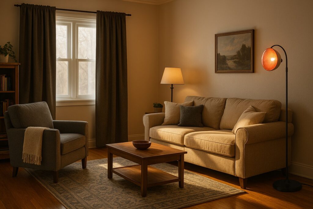 Soggiorno caldo e accogliente con lampada a infrarossi accesa e tende termiche scure, arredato in stile nordico con colori naturali