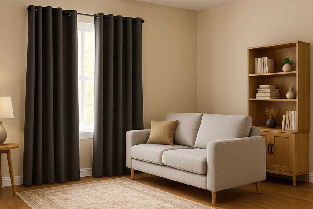 Soggiorno moderno con tende termiche scure e tappeto isolante su pavimento in legno, arredato in stile caldo ed essenziale