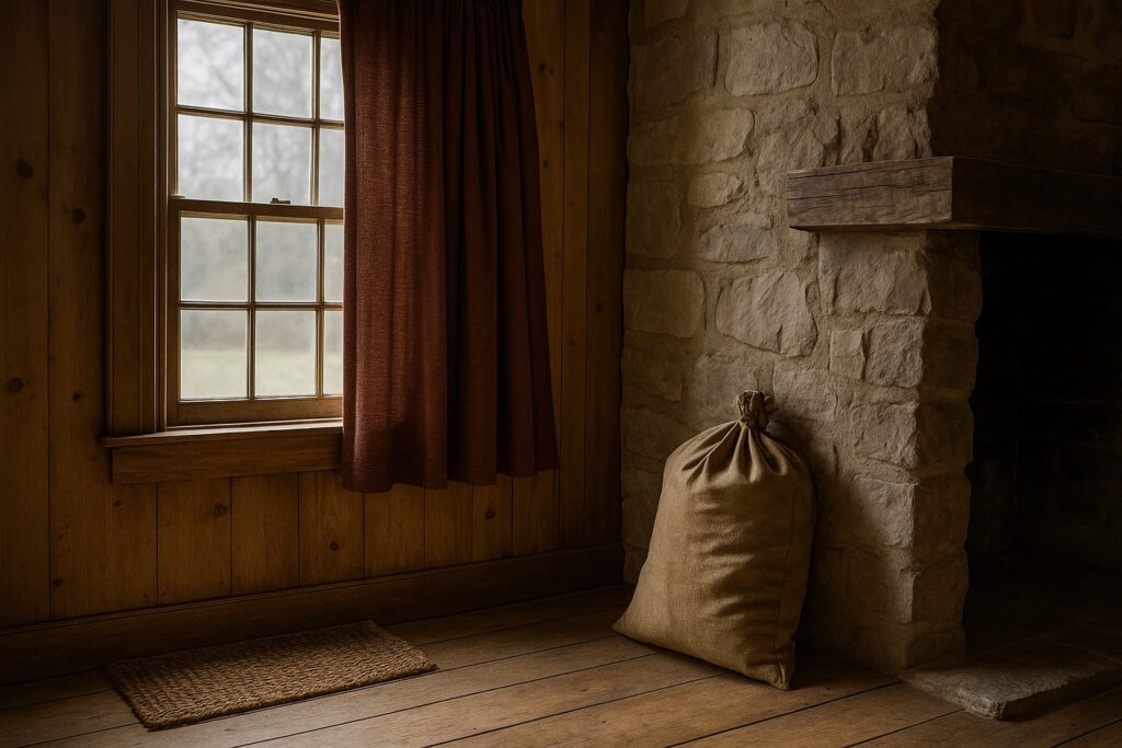 Angolo rustico con finestra in legno, tenda pesante e sacco di juta accanto a un camino in pietra.