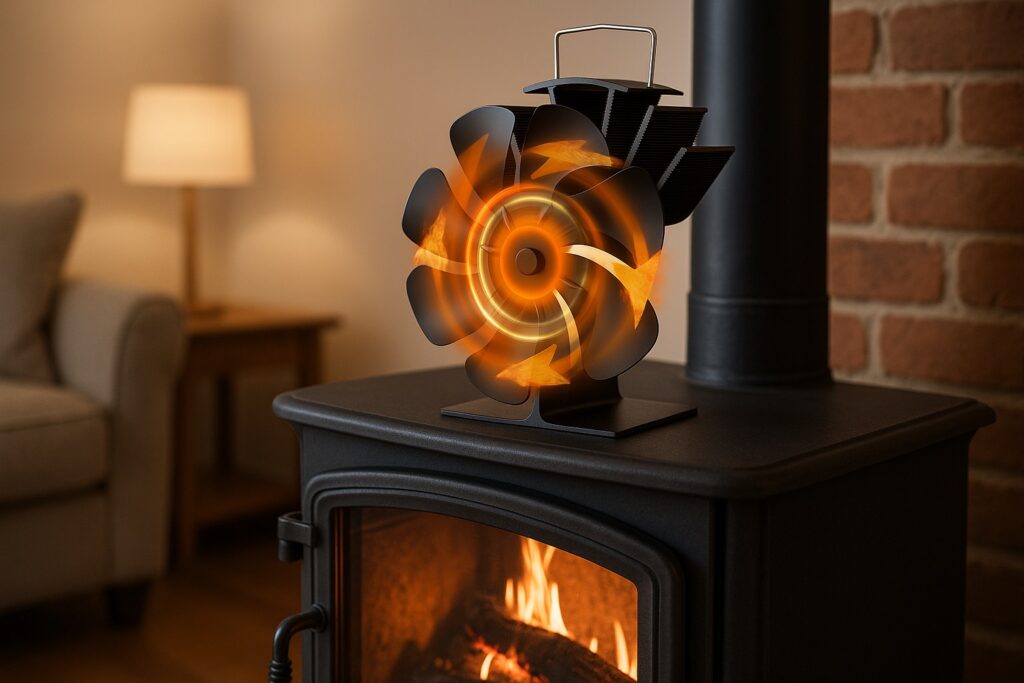 Ventilatore per stufa a legna con 6 pale in azione, con flusso d’aria caldo visualizzato – modello compatto e silenzioso