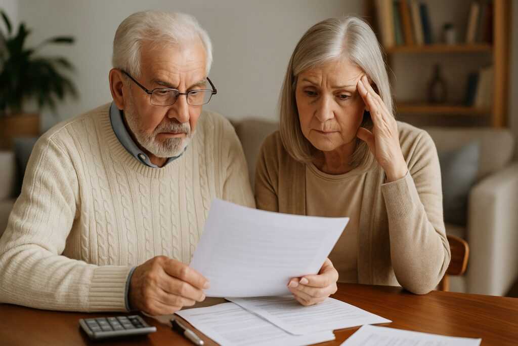 Coppia di anziani preoccupati che controllano dei documenti sul tavolo, con calcolatrice e fogli sparsi, seduti in un salotto luminoso