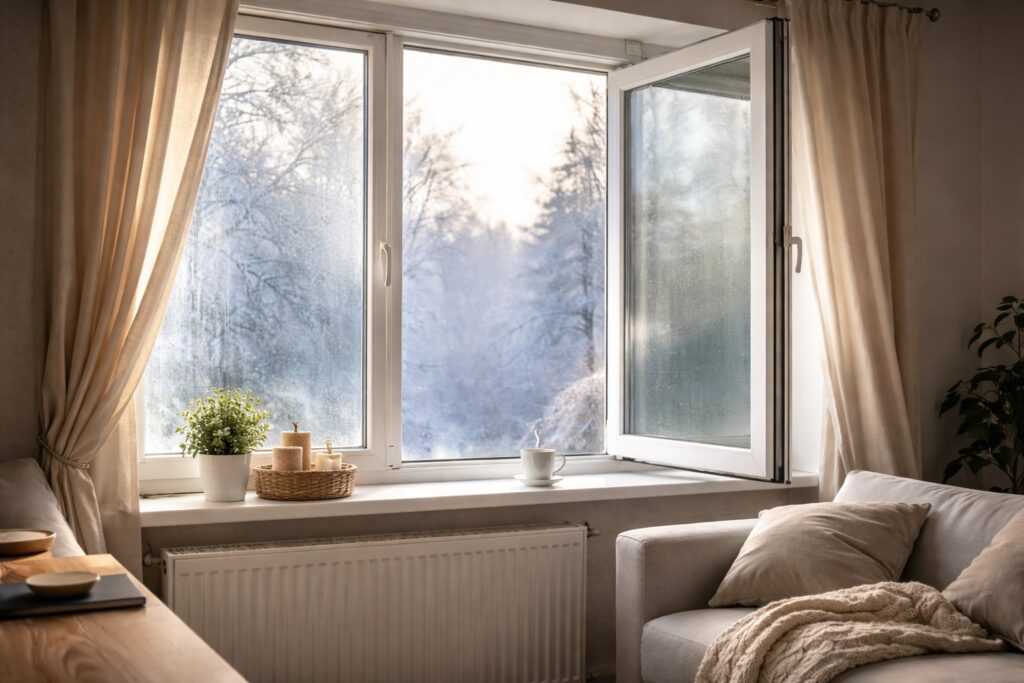 Finestra aperta al mattino in inverno con aria fredda che entra in casa e crea condensa sui vetri