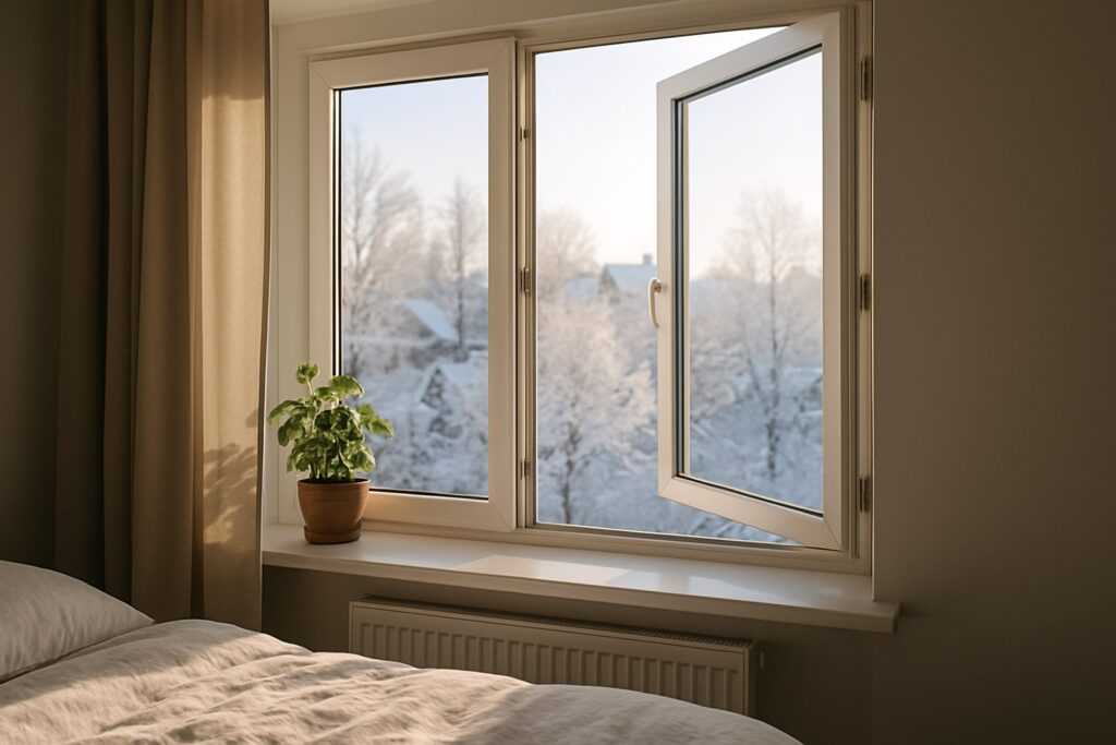 Una finestra aperta in una camera da letto riscaldata lascia entrare l’aria fresca di un mattino d’inverno, con vista su un paesaggio innevato e alberi coperti di brina.