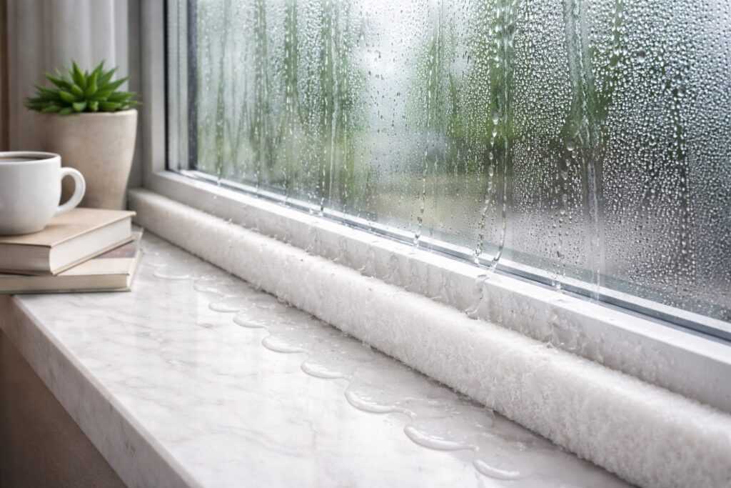 Striscia assorbente applicata sul davanzale per eliminare la condensa dalle finestre nei mesi invernali
