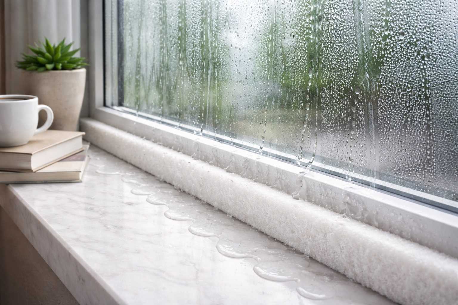 Striscia assorbente applicata sul davanzale per eliminare la condensa dalle finestre nei mesi invernali