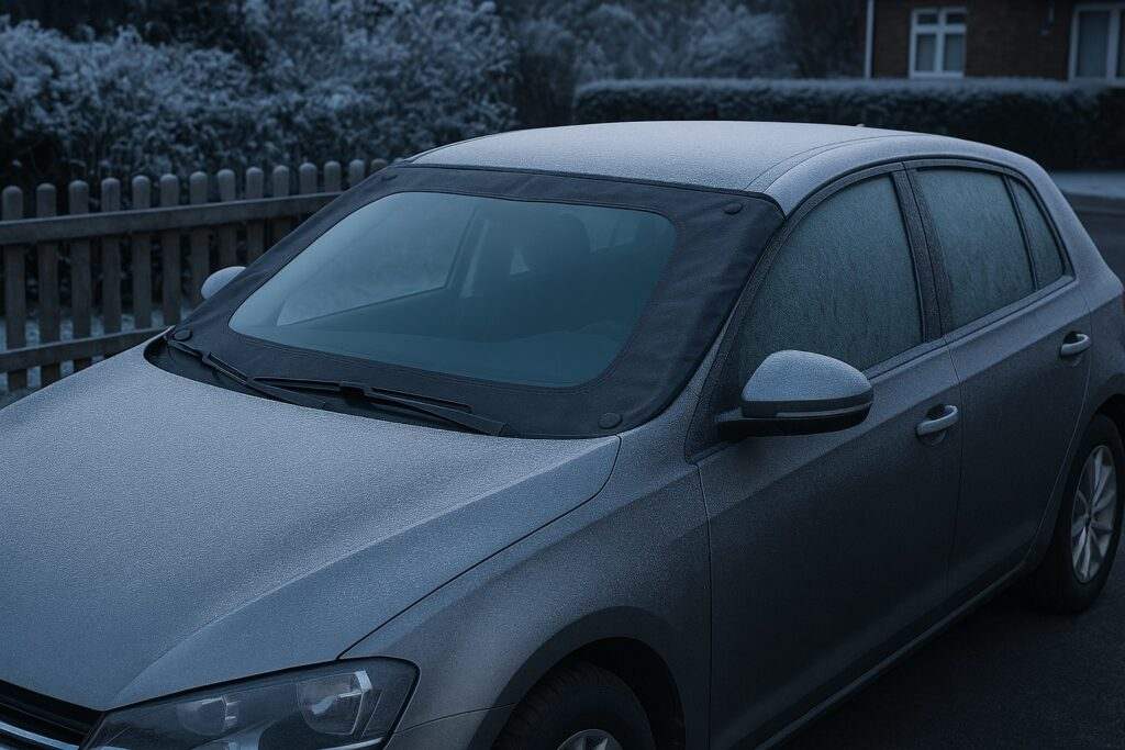 Auto parcheggiata all’aperto con parabrezza completamente asciutto grazie al telo antigelo, mentre tutto intorno è coperto di ghiaccio.