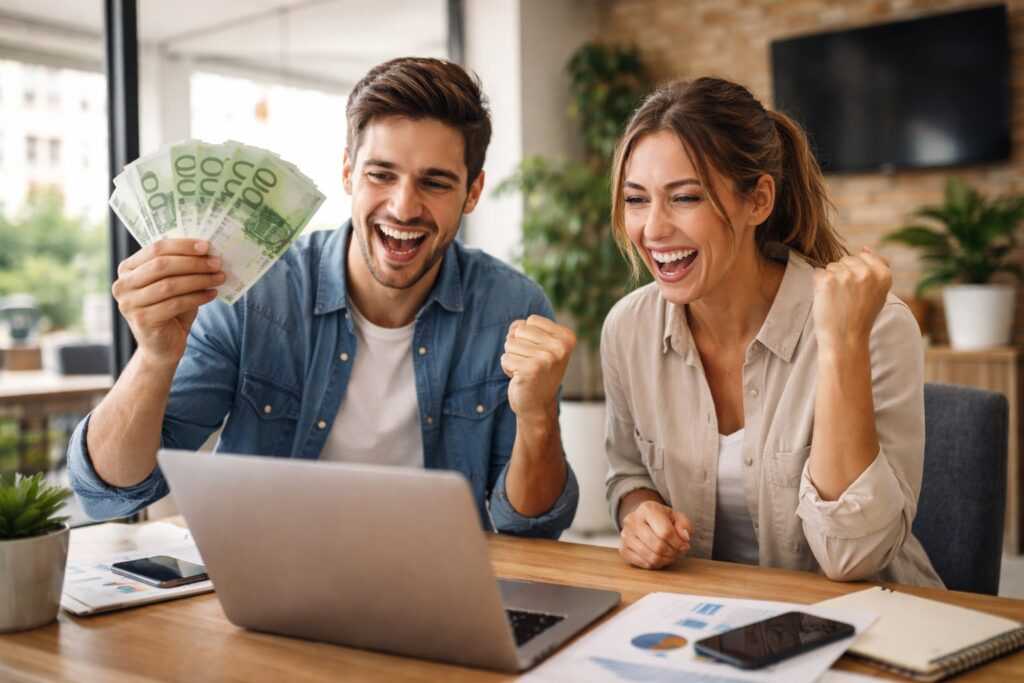 Giovani imprenditori felici con banconote da 100 euro davanti a un laptop in un ufficio moderno, simbolo del bonus under 35 per l'avvio di nuove attività.