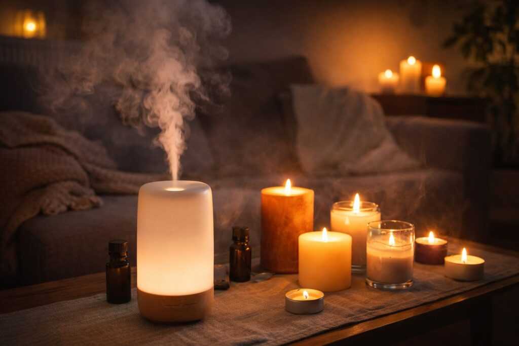 Diffusore di oli essenziali acceso accanto a candele profumate in una stanza chiusa e poco illuminata