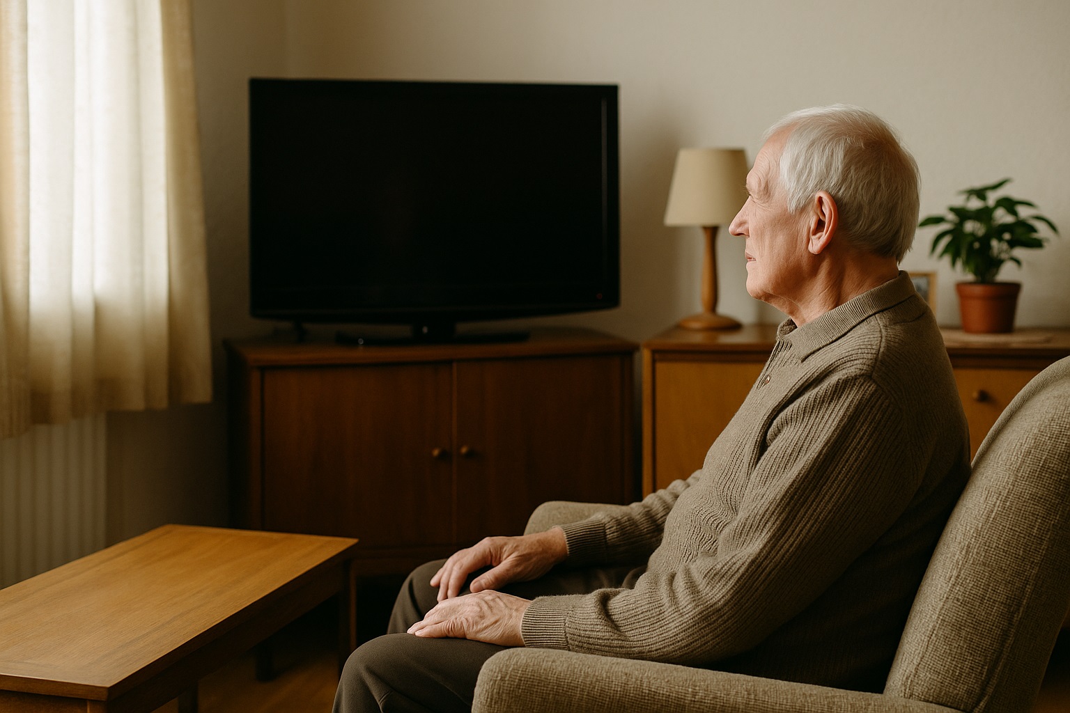 Anziano seduto nel soggiorno di casa con televisione spenta e luce naturale, ambiente domestico semplice che rappresenta la possibilità di esenzione dal canone Rai per gli anziani nel 2026.