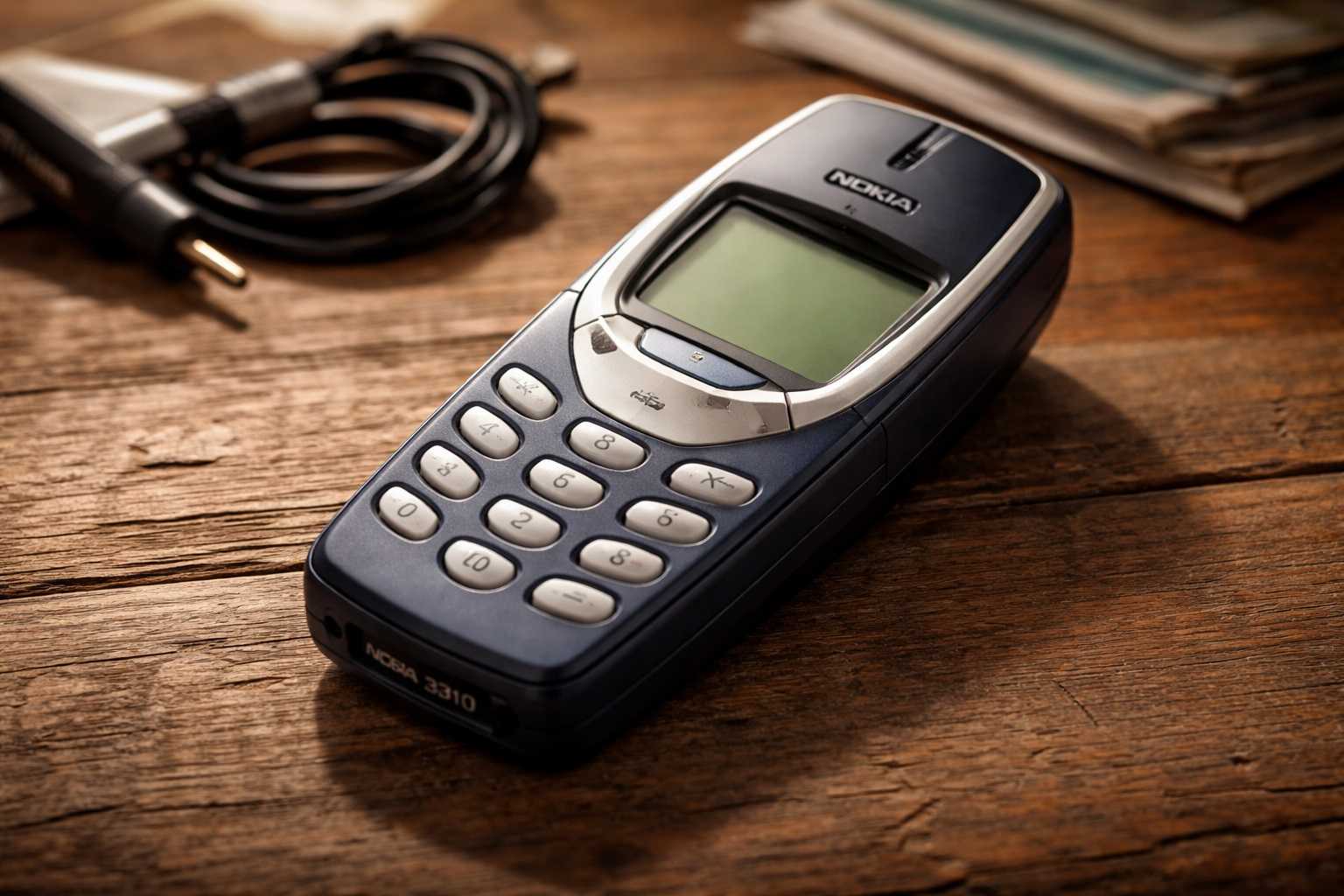 Vecchio Nokia 3310 originale appoggiato su una superficie, simbolo dei telefoni cellulari storici ancora ricercati oggi nel mercato dell’usato.