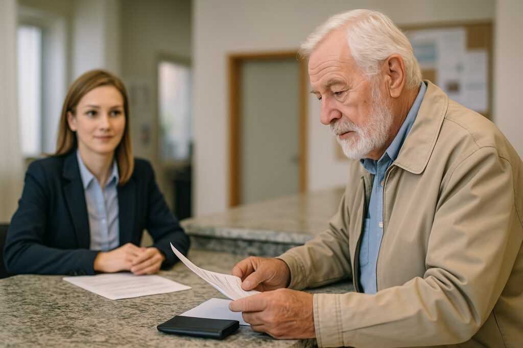 Anziano che consulta documenti fiscali allo sportello per verificare le agevolazioni e le tasse non dovute dopo i 70 anni