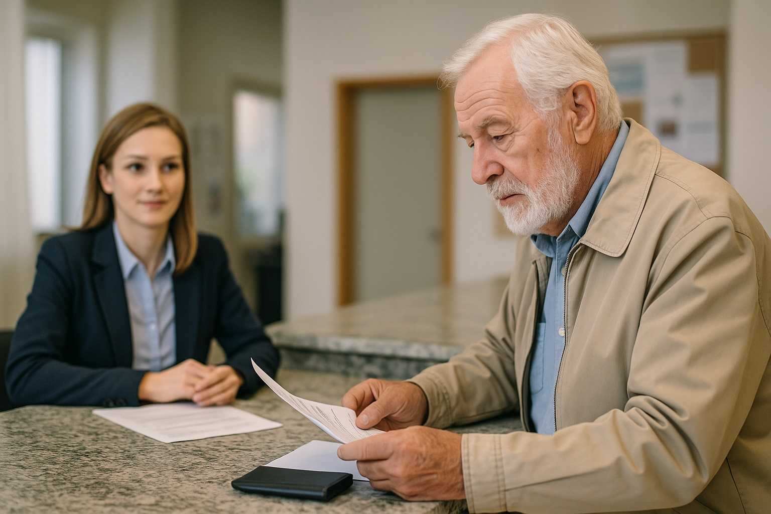 Anziano che consulta documenti fiscali allo sportello per verificare le agevolazioni e le tasse non dovute dopo i 70 anni