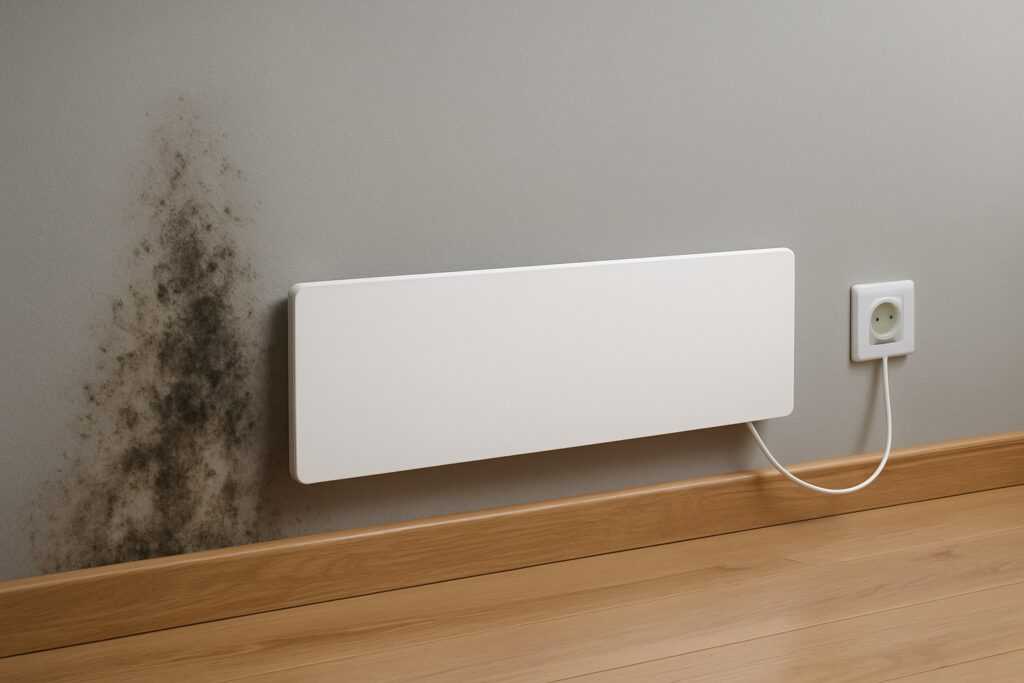Piastra antimuffa a infrarossi applicata su una parete interna con presenza di muffa visibile a sinistra, collegata a una presa elettrica.