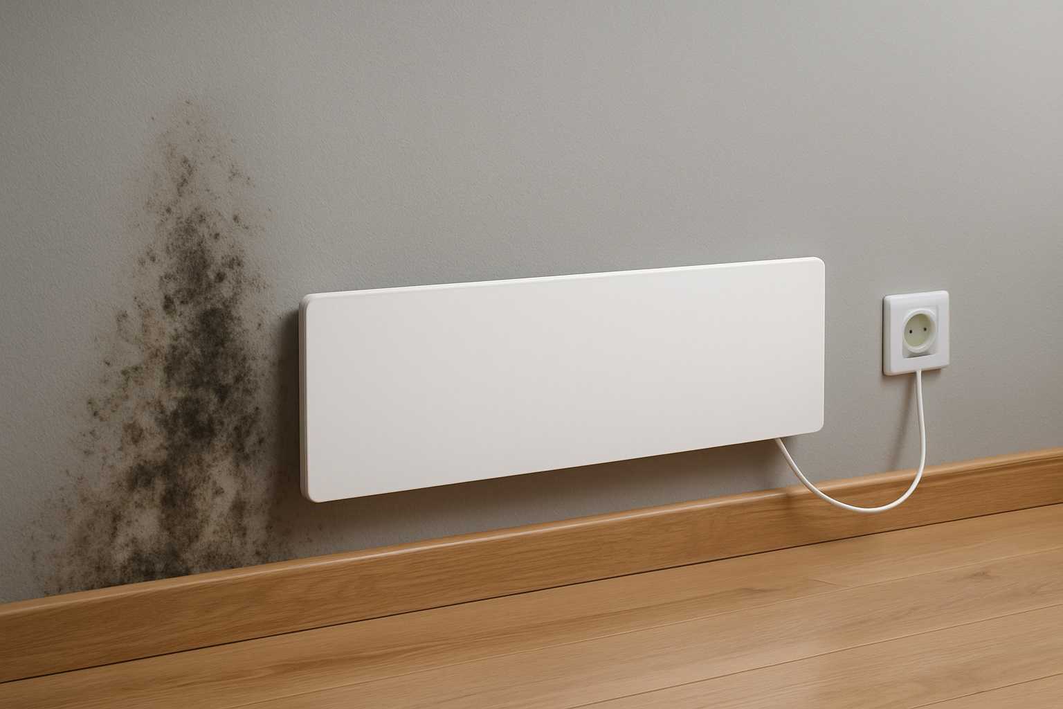 Piastra antimuffa a infrarossi applicata su una parete interna con presenza di muffa visibile a sinistra, collegata a una presa elettrica.