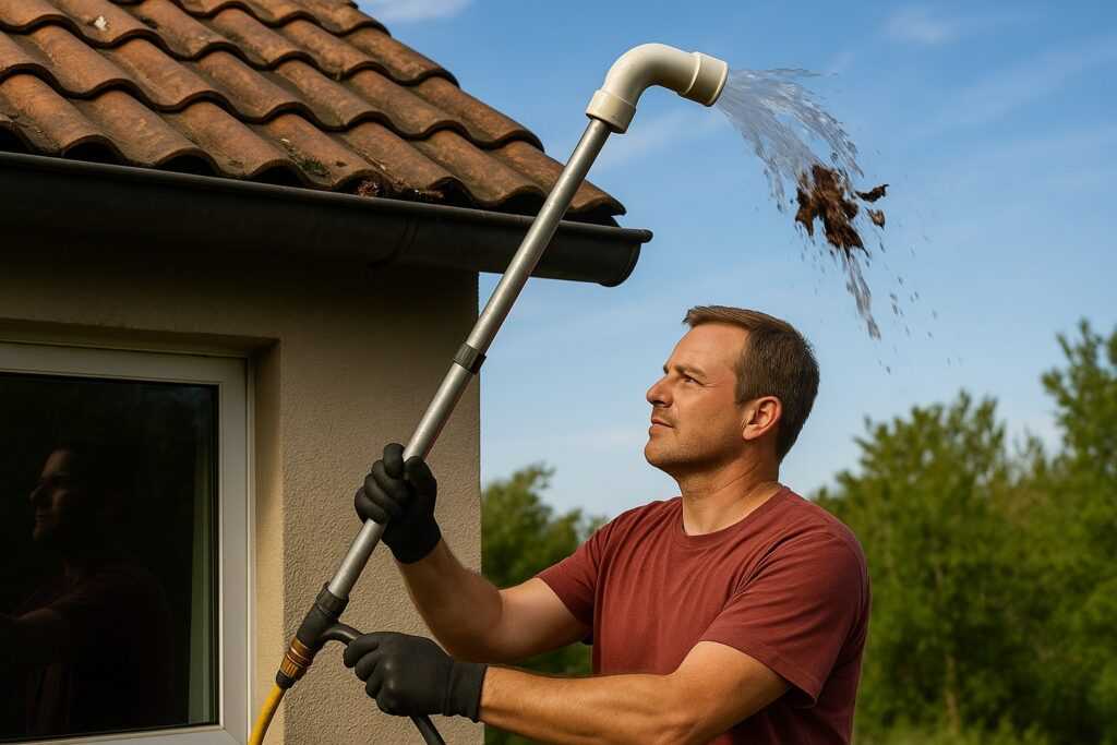 Esempio di pulizia delle grondaie da terra con una lancia fai-da-te a getto d'acqua angolato, senza salire sul tetto
