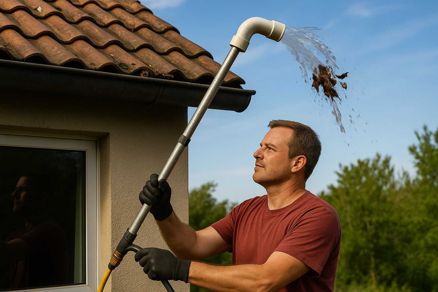 Esempio di pulizia delle grondaie da terra con una lancia fai-da-te a getto d'acqua angolato, senza salire sul tetto
