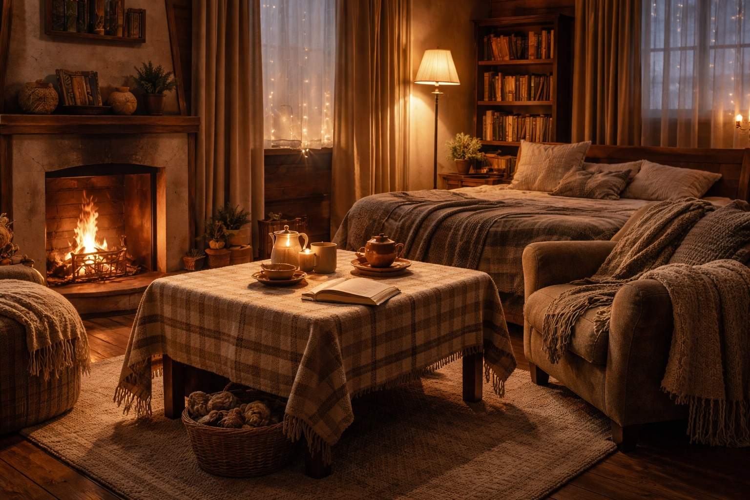 Stanza accogliente e ben isolata con tessuti pesanti, luce calda e arredi che trattengono il calore, esempio di come rendere caldo un ambiente senza usare termosifoni.