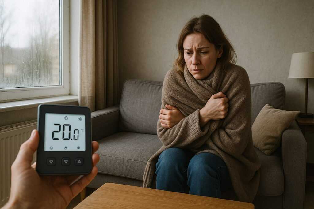 Donna seduta sul divano in casa in inverno, avvolta in una coperta e infreddolita, mentre un termostato in primo piano segna 20 gradi, mostrando la sensazione di freddo nonostante la temperatura interna.
