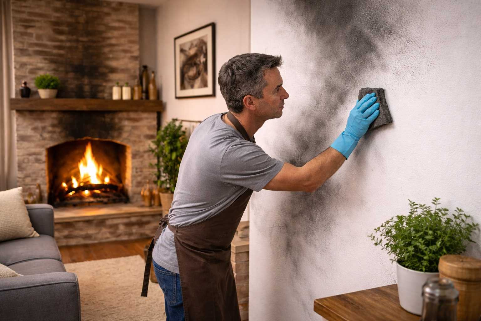 Uomo rimuove la fuliggine dai muri del soggiorno con una spugna chimica mentre un camino a legna acceso è sullo sfondo