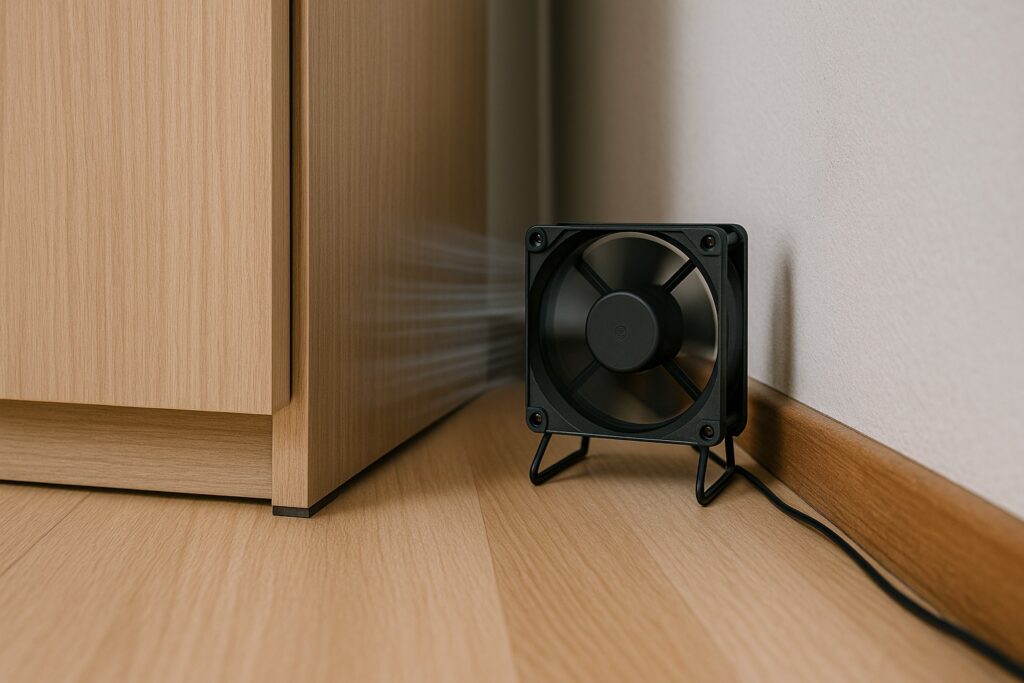 Ventola posizionata dietro un armadio distanziato dal muro per creare un flusso d’aria continuo e prevenire la formazione di muffa