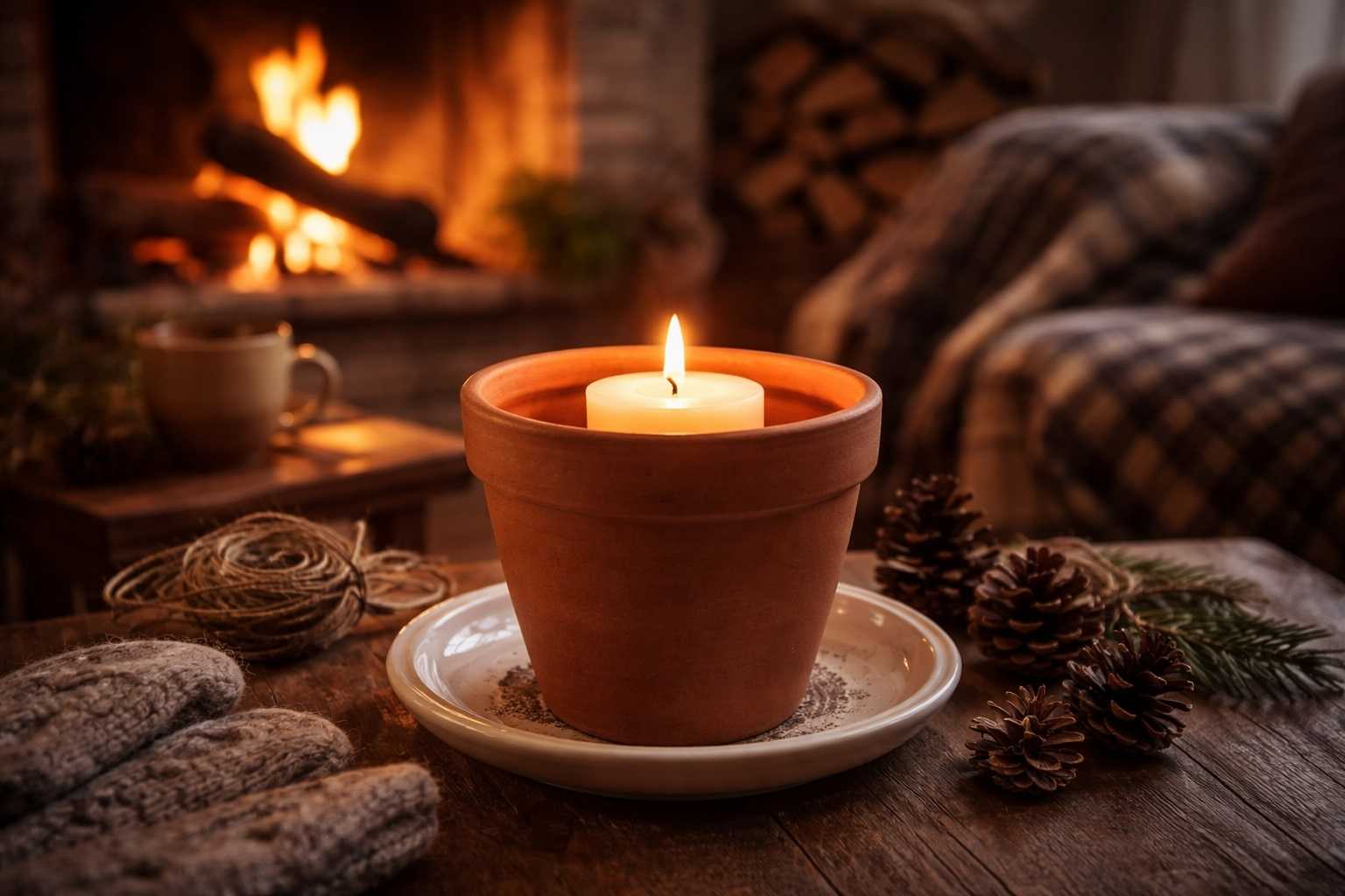 Metodo antico dei contadini per scaldare una stanza con una candela a lunga durata inserita in un vaso di terracotta, ambiente domestico caldo e accogliente in inverno