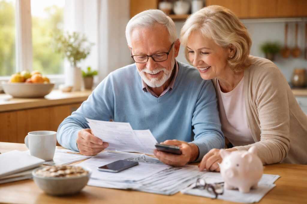 Coppia di anziani seduta al tavolo di casa mentre controlla bollette e documenti, in un ambiente luminoso e sereno, simbolo di risparmio ed esenzioni sulle spese nel 2026.