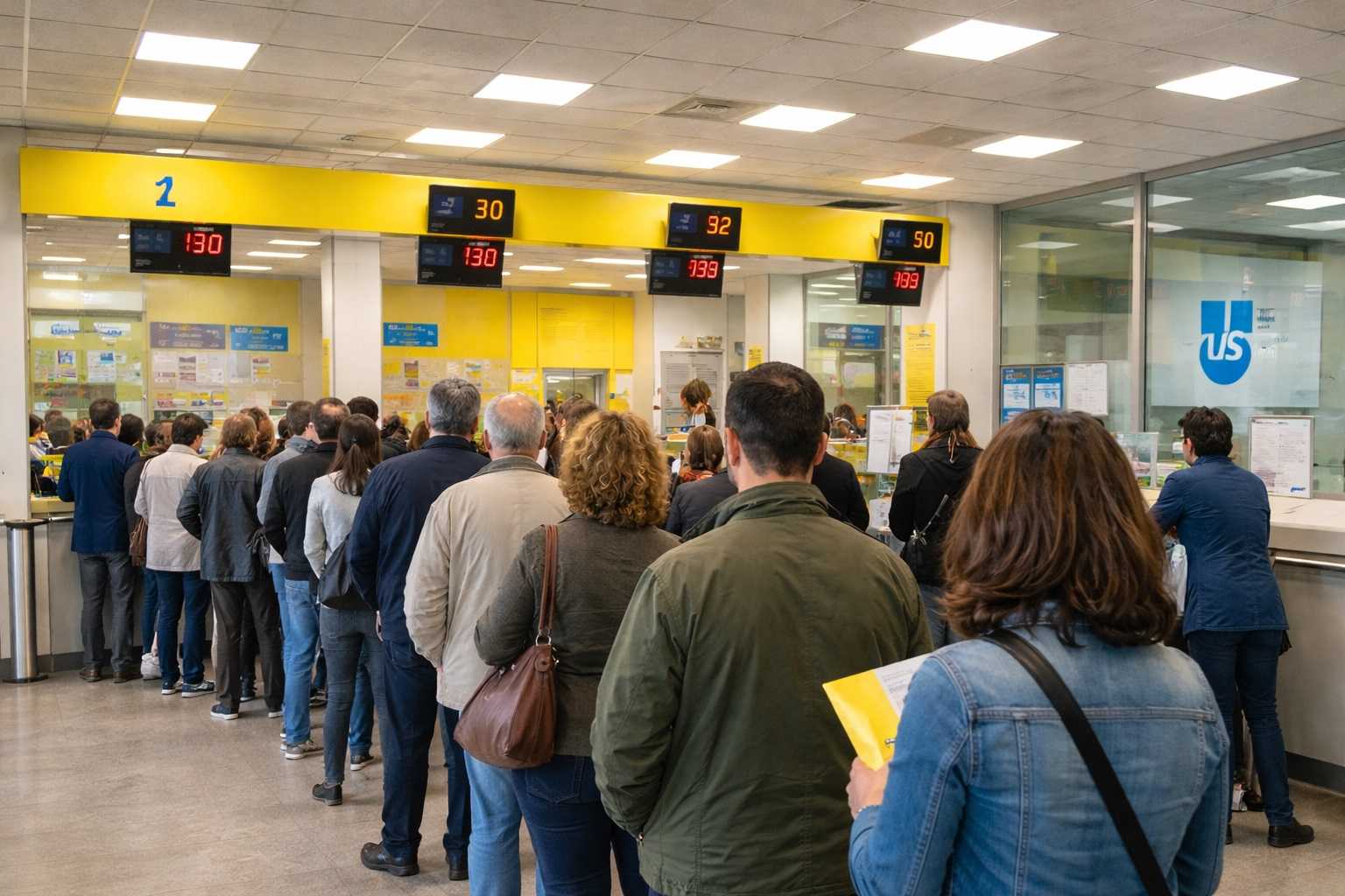 Persone in fila a uno sportello pubblico per informazioni su pensione e Ape sociale 2026