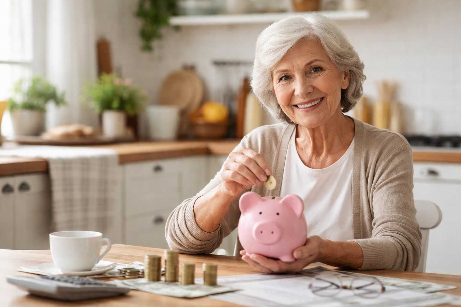 Donna anziana seduta in cucina che mette una moneta in un salvadanaio, simbolo di sostegno economico e sicurezza per l’assegno sociale 2026.