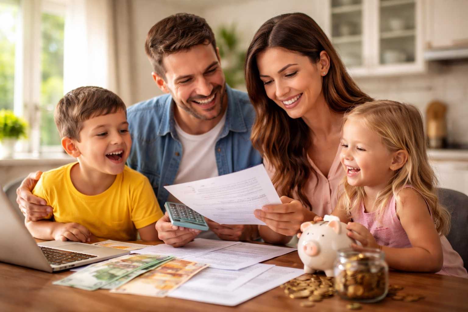 Famiglia italiana con due figli seduta al tavolo di casa mentre controlla documenti e calcoli ISEE, concetto di Assegno Unico 2026 e aumenti per le famiglie con figli.