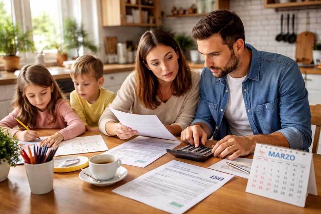 Famiglia italiana che controlla documenti economici a casa mentre rivede il bilancio familiare e l’Assegno Unico in vista del ricalcolo di marzo.