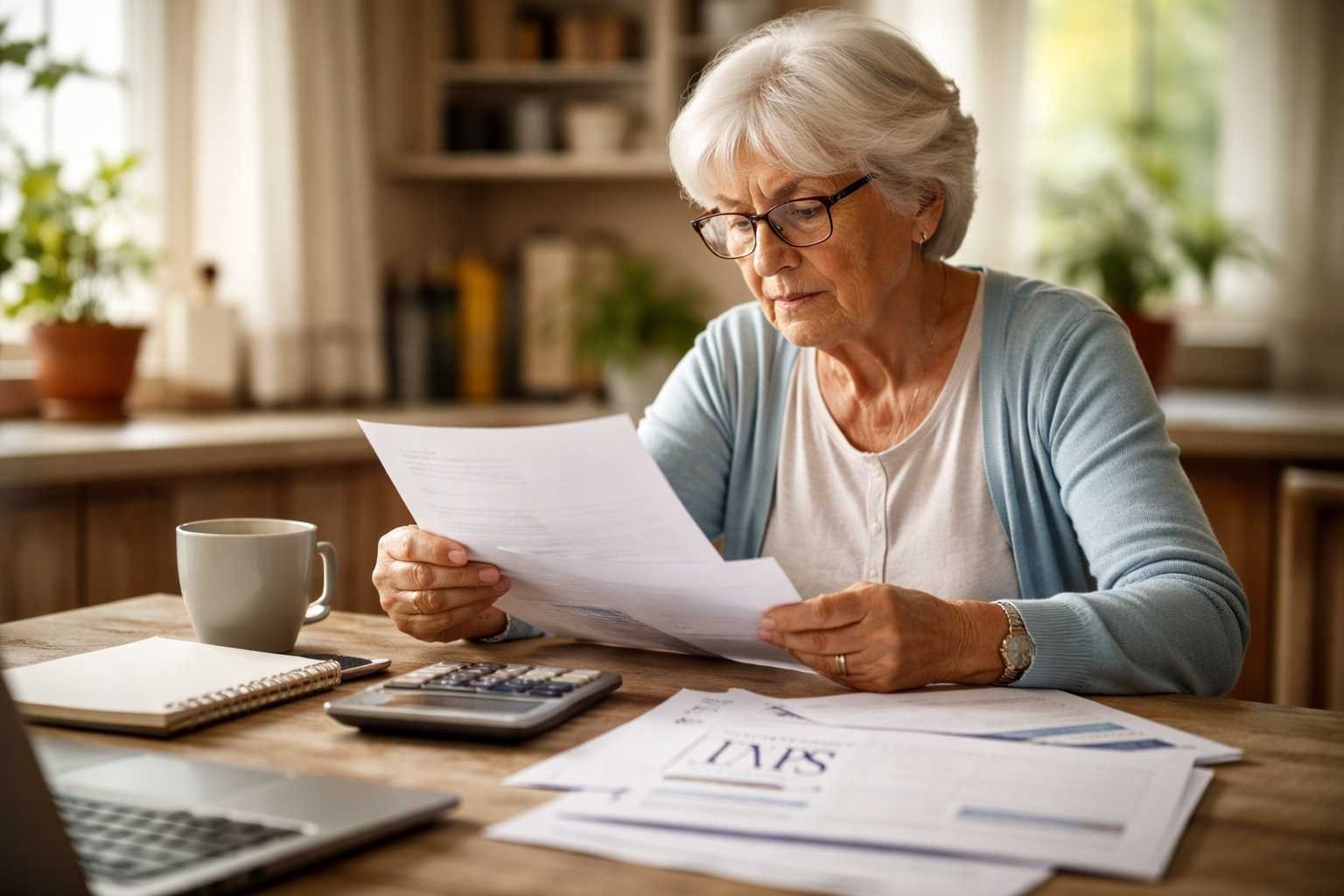 Vedova italiana controlla documenti INPS a casa per verificare il diritto all’assegno di vedovanza