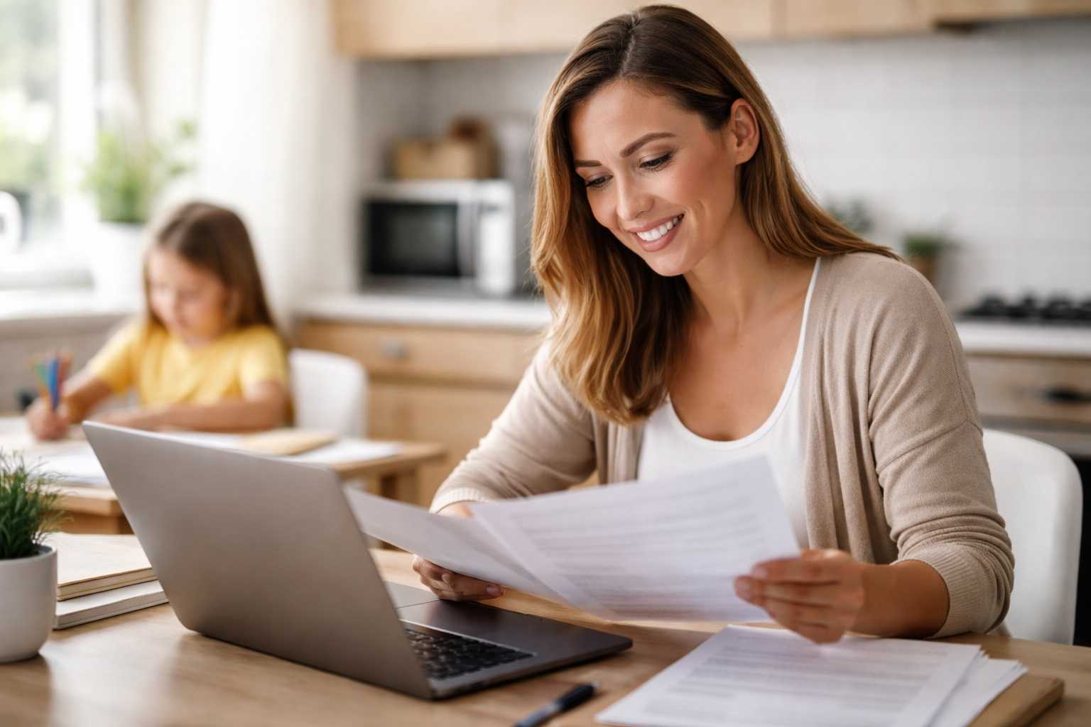 Madre che controlla documenti previdenziali da casa mentre segue il figlio, verifica dei contributi figurativi per maternità ai fini pensionistici