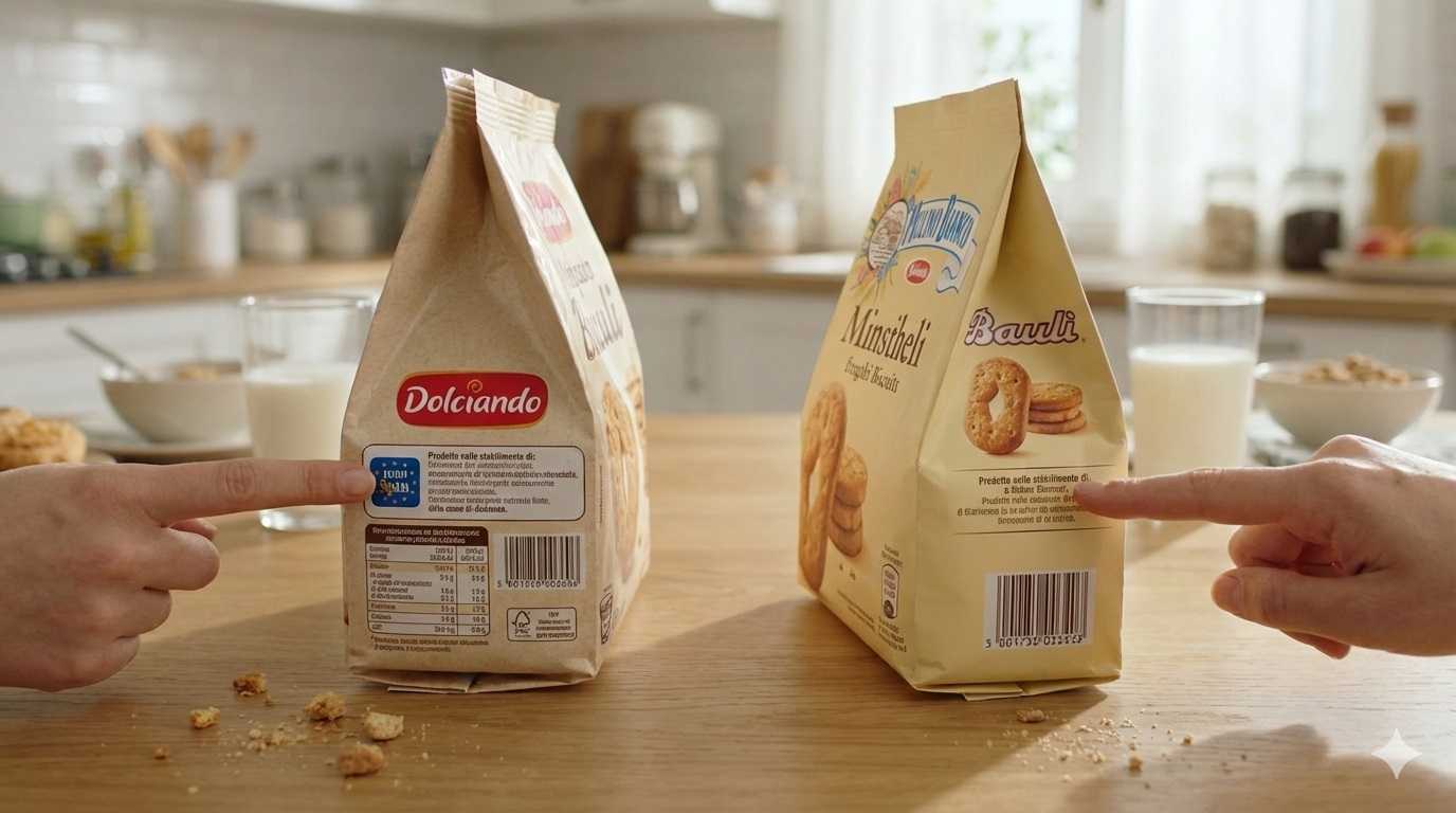 Confronto tra un pacco di biscotti Dolciando Eurospin e un marchio famoso su un tavolo da cucina, con dita che indicano l'etichetta del produttore sul retro della confezione per svelarne l'origine.