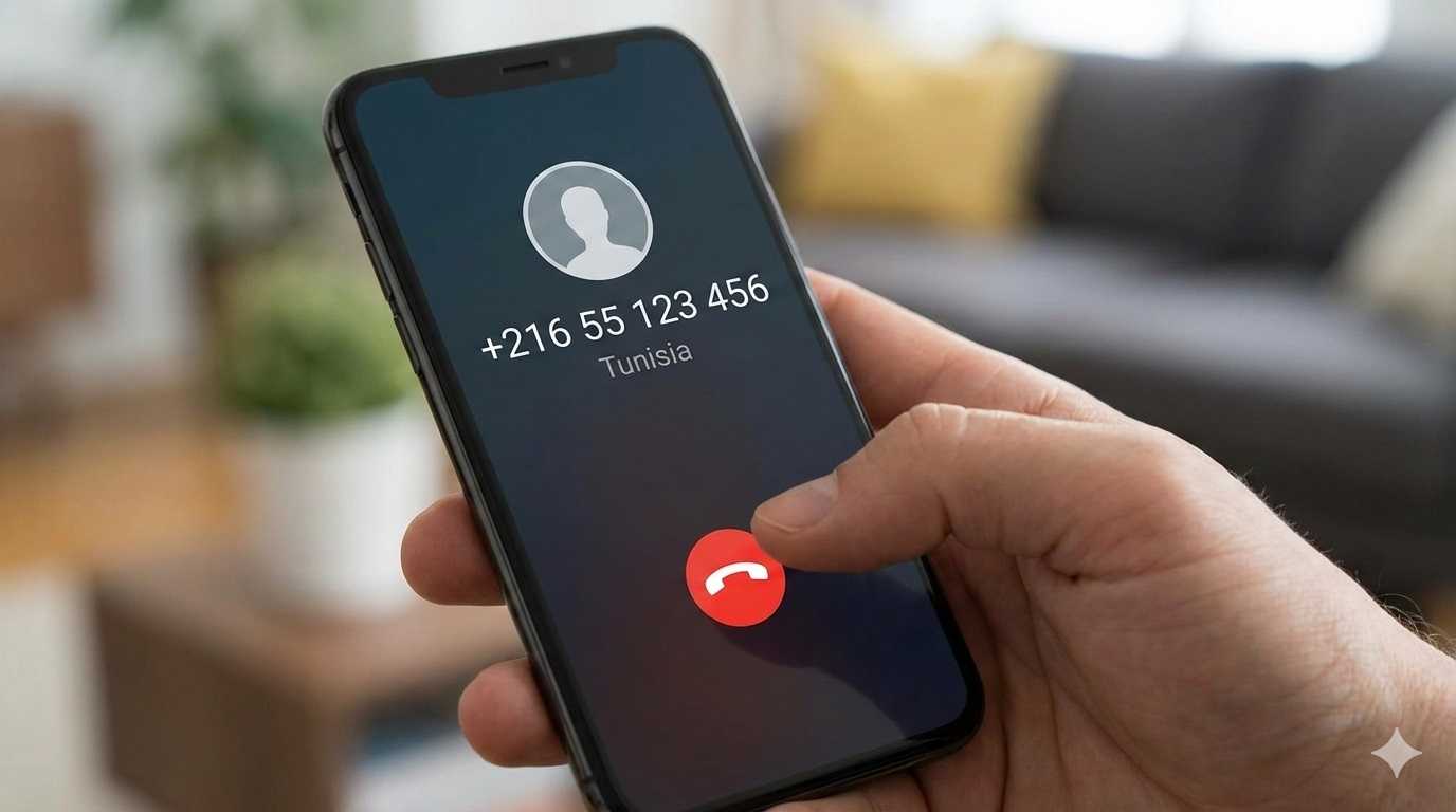 Primo piano di una mano che tiene uno smartphone mentre riceve una chiamata sospetta dalla Tunisia, con il dito pronto a premere il tasto rosso per bloccare lo spam.