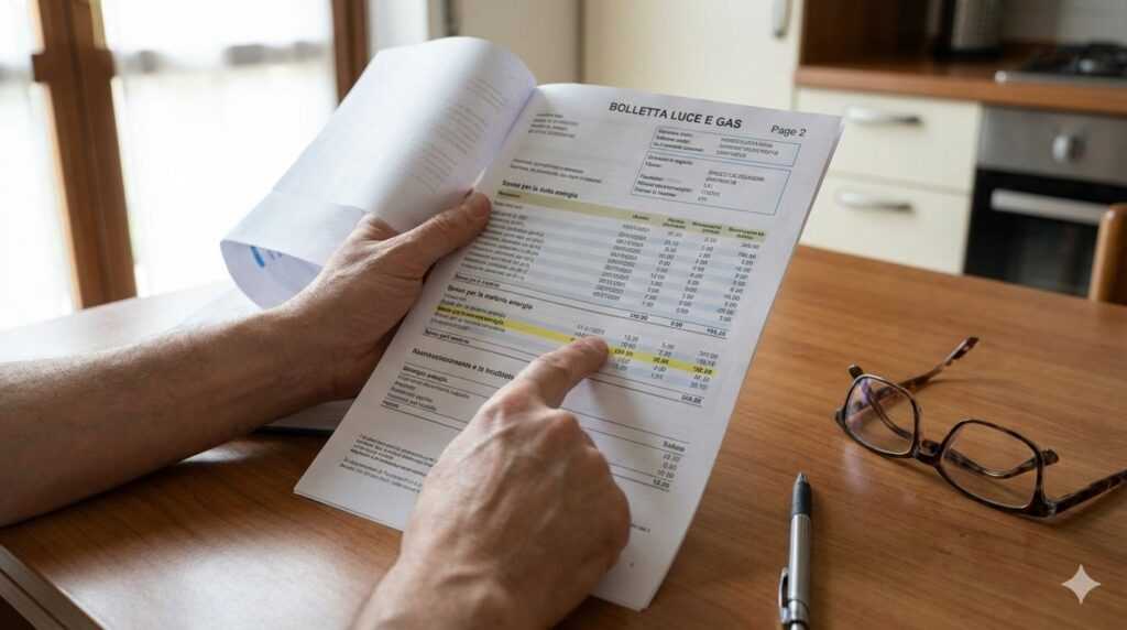 Primo piano ravvicinato di una persona che analizza una bolletta della luce e del gas su un tavolo in legno, con un segno rosso che evidenzia una voce di costo specifica nella seconda pagina del documento.
