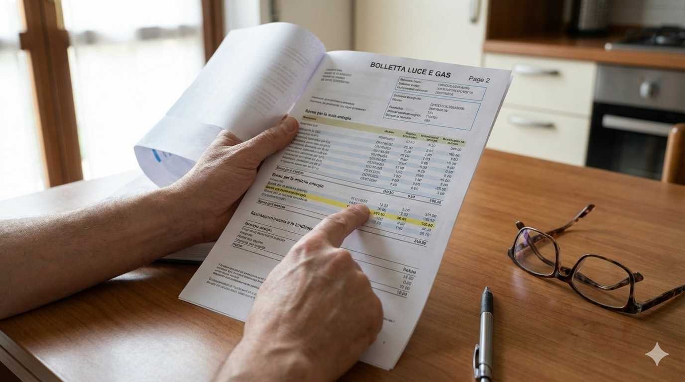 Primo piano ravvicinato di una persona che analizza una bolletta della luce e del gas su un tavolo in legno, con un segno rosso che evidenzia una voce di costo specifica nella seconda pagina del documento.