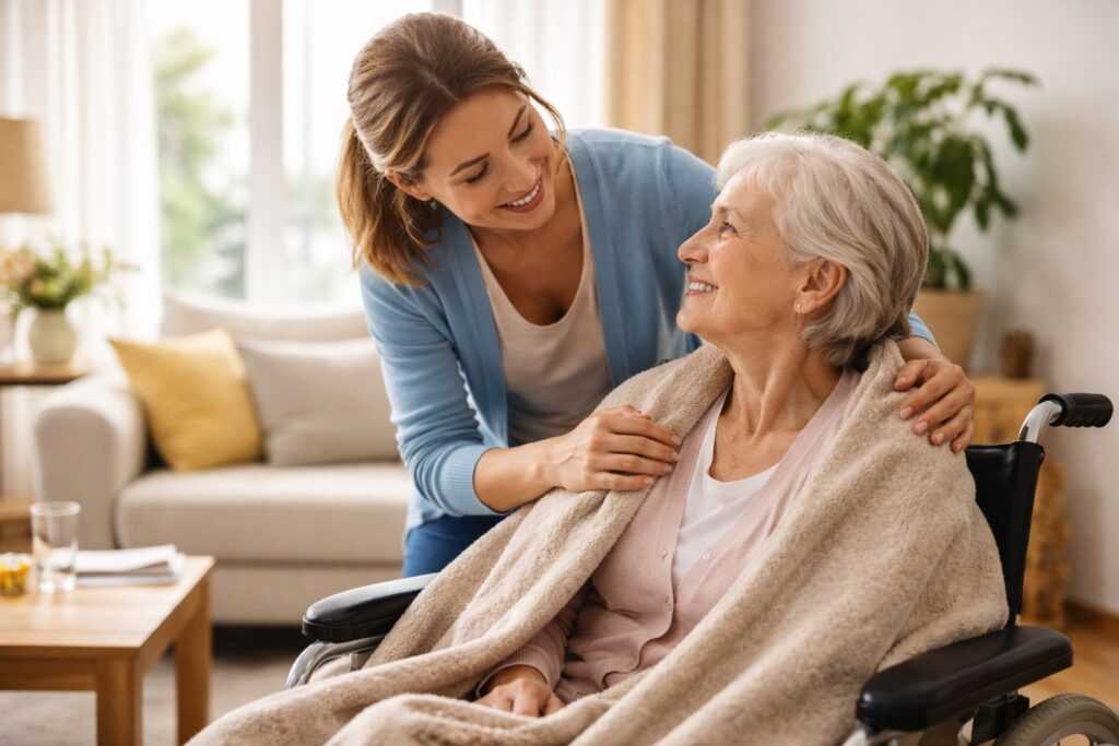 Assistenza familiare a domicilio: una donna si prende cura della madre anziana in casa, simbolo del ruolo del caregiver e del sostegno previsto dal bonus caregiver 2026.