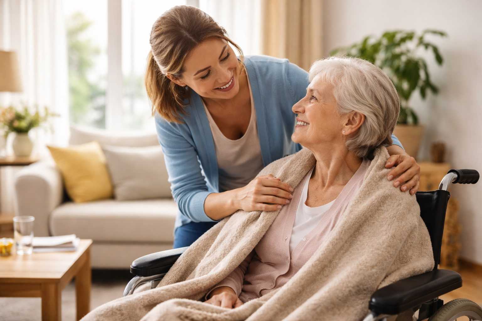 Assistenza familiare a domicilio: una donna si prende cura della madre anziana in casa, simbolo del ruolo del caregiver e del sostegno previsto dal bonus caregiver 2026.