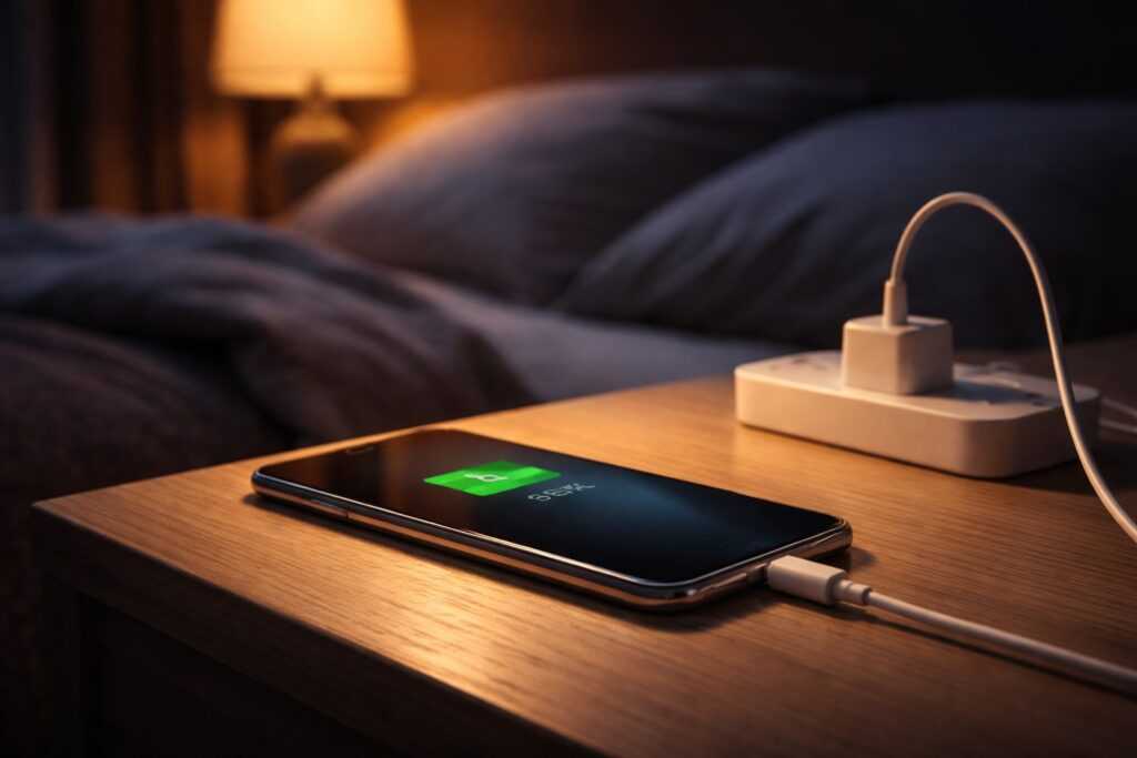 Smartphone in carica sul comodino durante la notte, collegato al caricatore vicino al letto