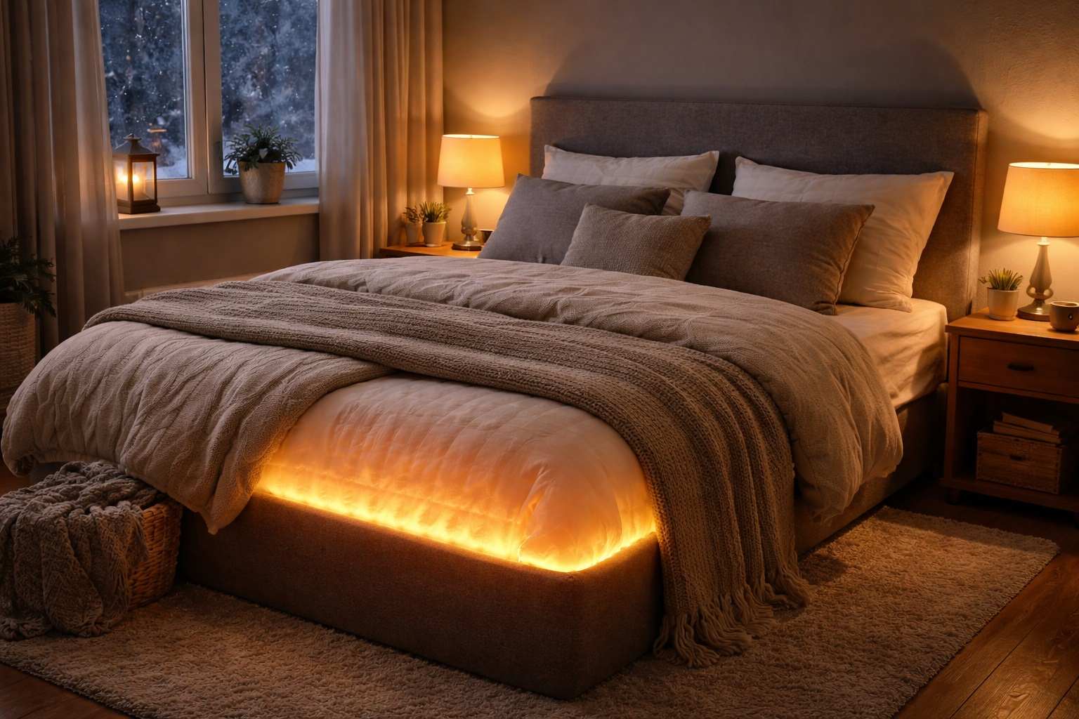 Letto matrimoniale in una camera da letto invernale, caldo e accogliente, con scaldasonno acceso e riscaldamento spento durante la notte