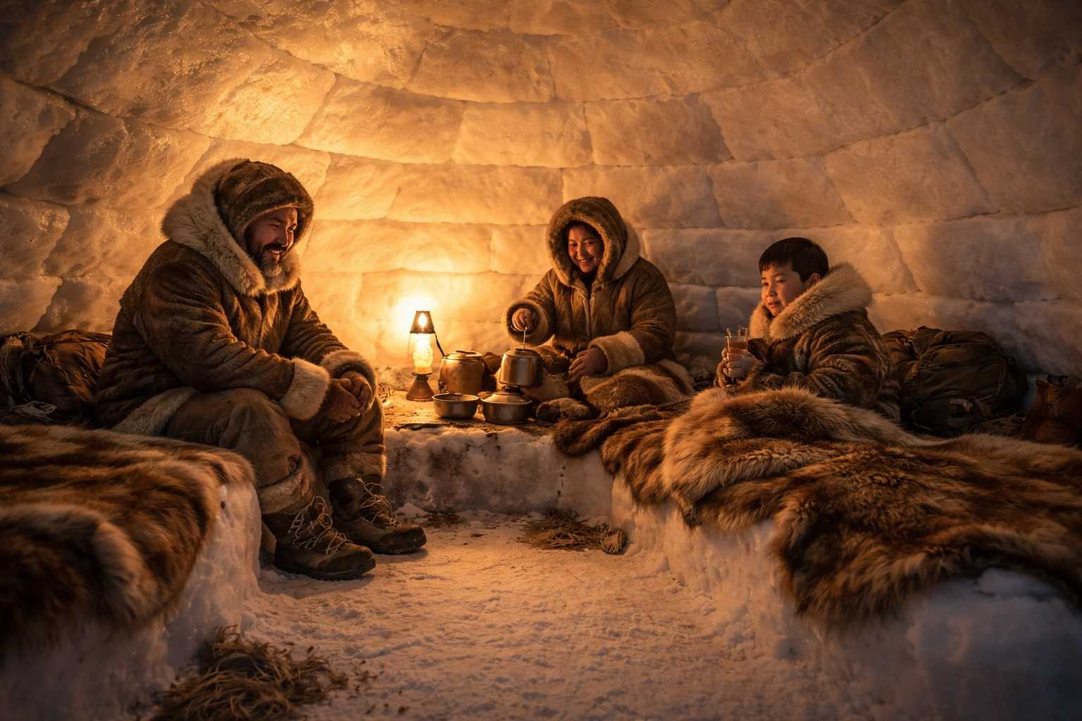 Interno realistico di un igloo con persone sedute su superfici rialzate, pareti di neve compatta e luce calda di una lampada, esempio di come il calore corporeo e l’isolamento naturale permettono di scaldarsi anche con temperature esterne estreme.