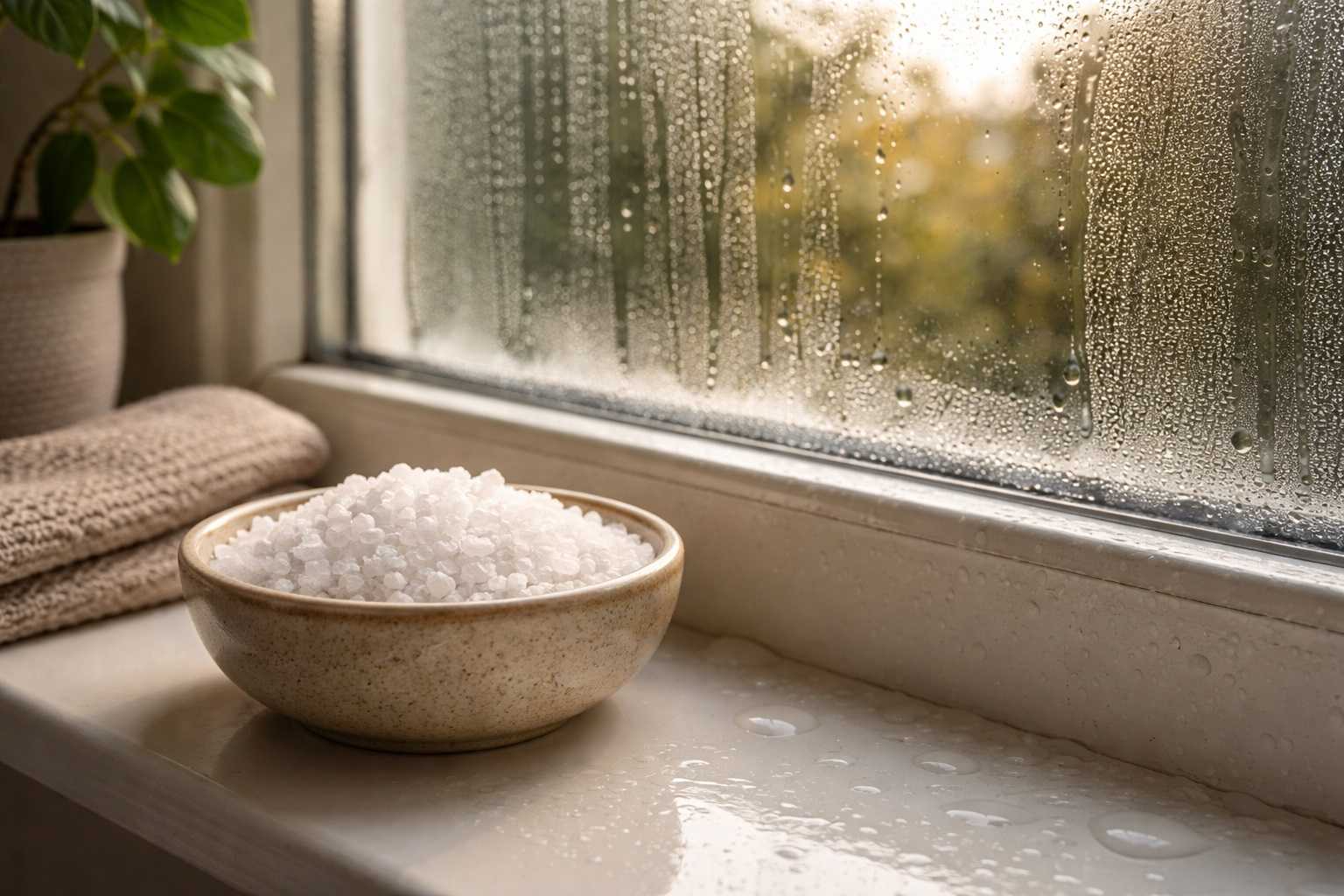 Ciotolina con sale grosso sul davanzale che assorbe l’umidità e riduce la condensa sui vetri della finestra al mattino