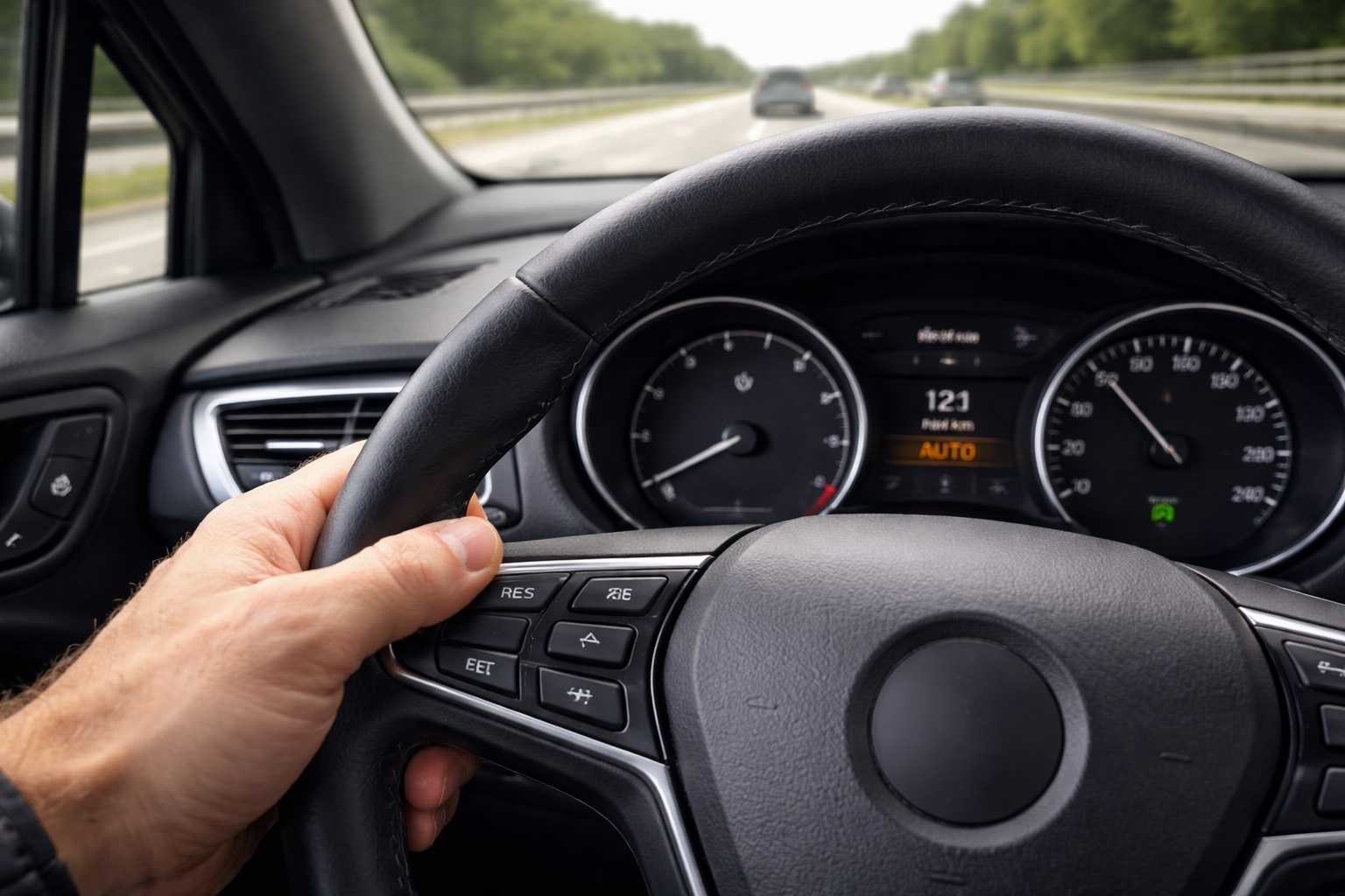 Cruise control attivo su auto in autostrada, volante e cruscotto con velocità costante durante la guida