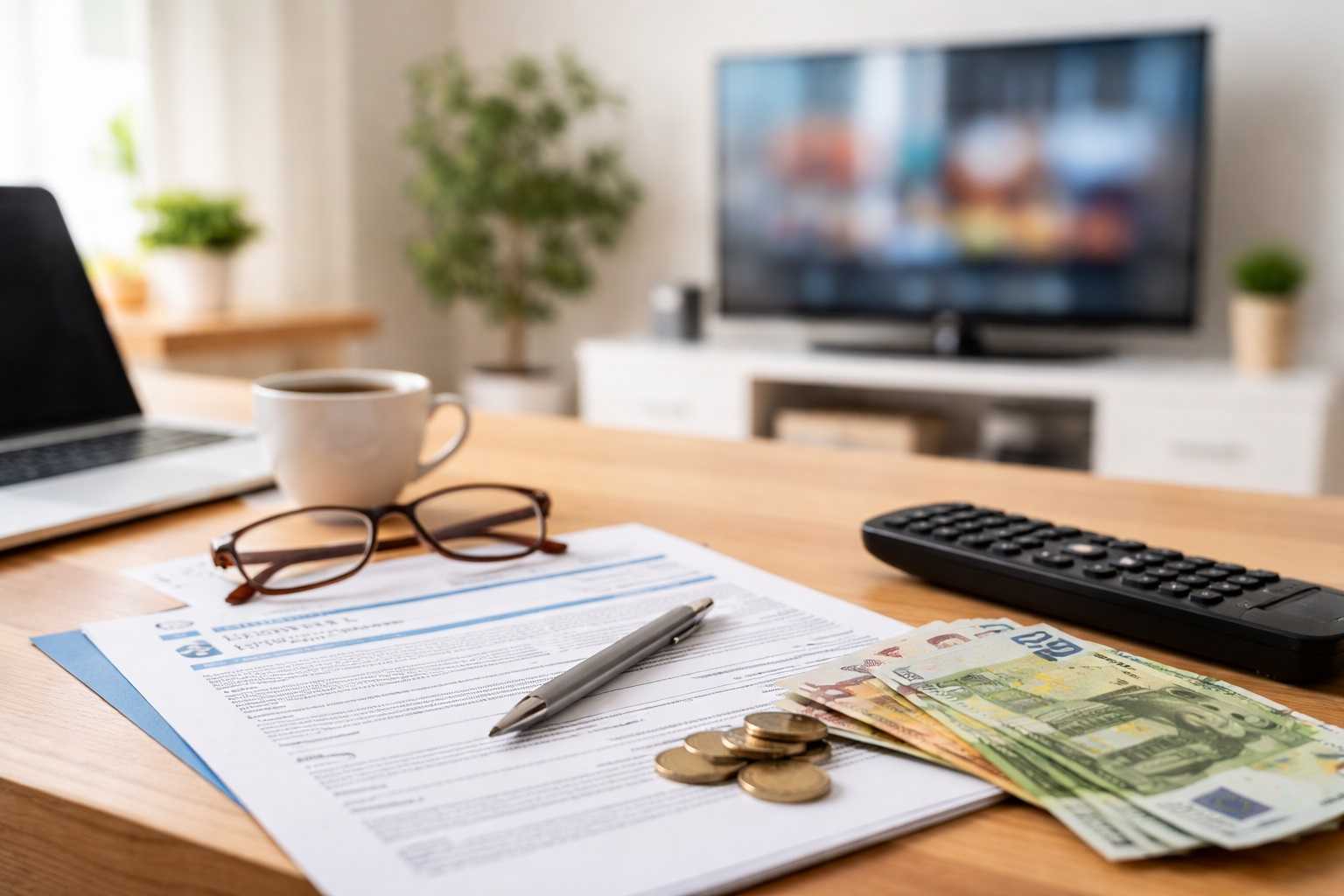 Scrivania di casa con modulo per il canone Rai, telecomando, euro in contanti e televisore sullo sfondo, simbolo dell’esenzione dal canone Rai 2026.
