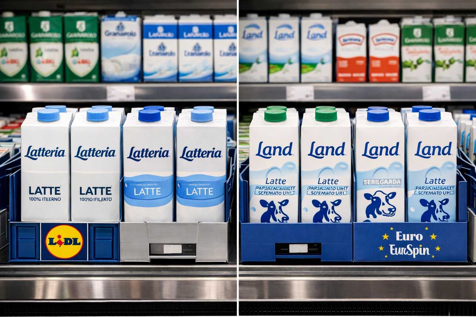 Confronto visivo tra le confezioni di latte del discount Lidl e di Eurospin, con cartoni Latteria e Land affiancati sugli scaffali del supermercato per mostrare somiglianze e differenze di prodotto.