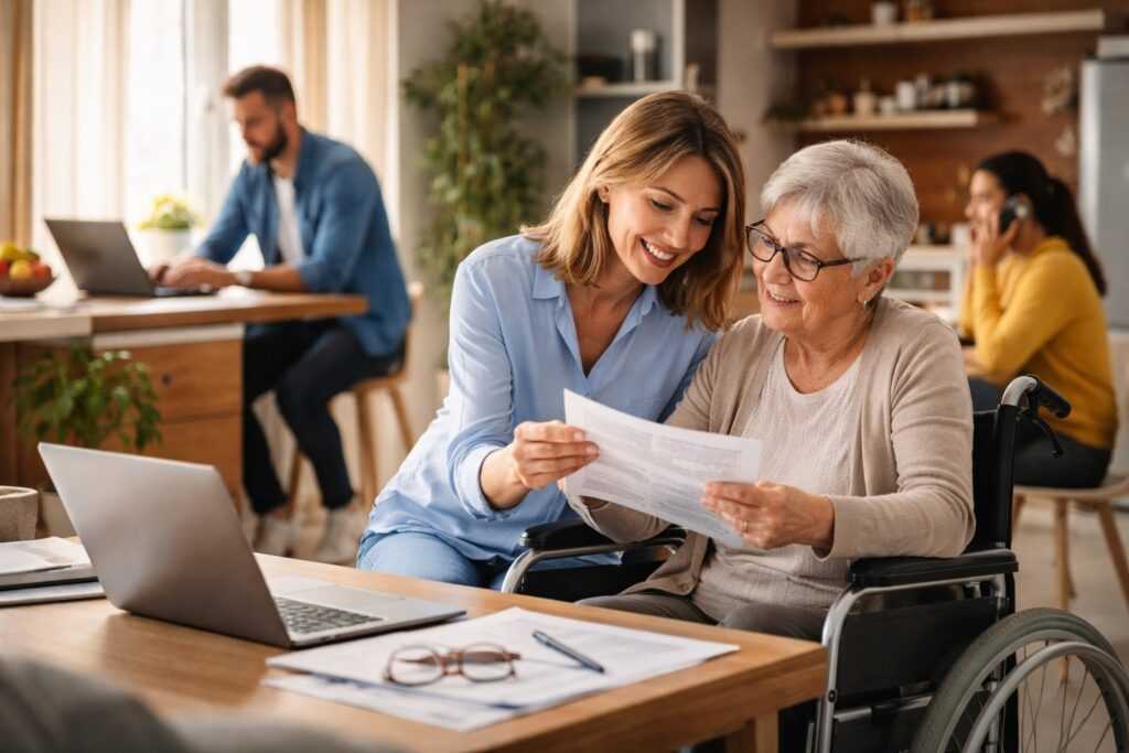 Donna caregiver che aiuta un’anziana in casa, simbolo dei benefici e delle tutele previste dalla Legge 104 nel 2026 per famiglie e assistenza alla disabilità