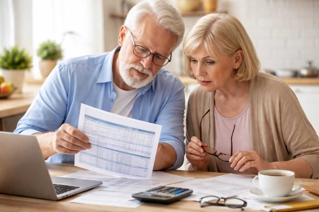 Coppia di pensionati che controlla documenti della pensione e il cedolino INPS a casa, verificando importi, trattenute e possibili differenze economiche.